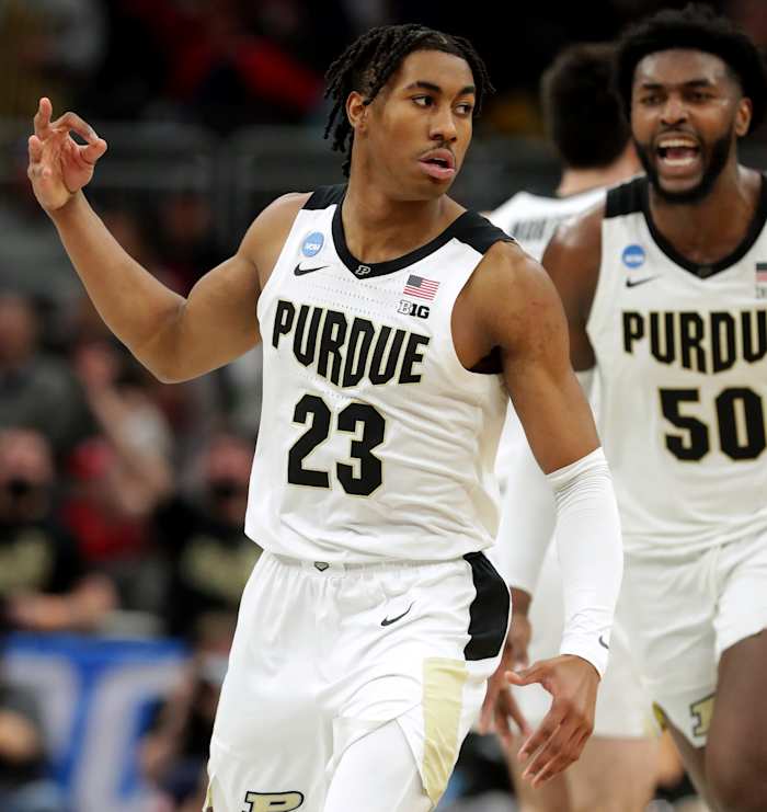 Purdue guard Jaden Ivey (23) celebrates a three-point basket during the second half in their second round game of the 2022 NCAA Men's Basketball Tournament Sunday, March 20, 2022 at Fiserv Forum in Milwaukee, Wis. Purdue beat Texas 81-71.